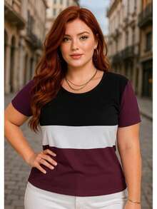 Women's Plus Size Tricolor Short-Sleeve Blouse, Casual T-Shirt With Round Neck - Burgundy - View 2