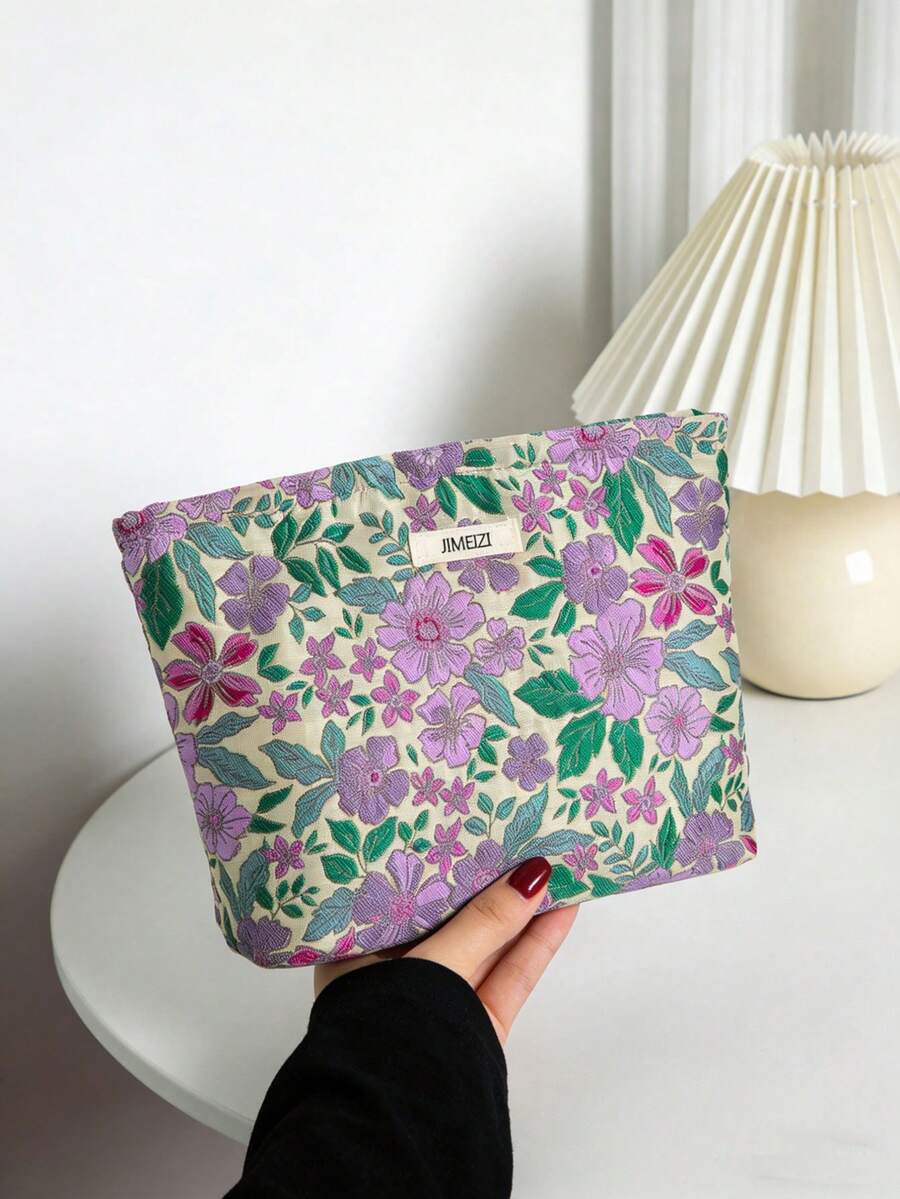 可爱的紫色雏菊图案化妆包，休闲女士手提包，柔软面料，是女士化妆工具、旅行和度假的必备之选。 - 紫色 - 查看 1