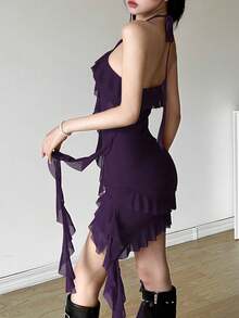 Vestido mini ajustado con escote halter y espalda descubierta, con detalles de encaje, volantes de malla transparente y flecos patchwork - Morado - Ver 4