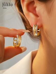 Hihho 1 Pair Multi-Layer Full Diamond Wide Hoop Earrings, Luxury Commuting Versatile Design, Exquisite Jewelry Earrings For Women, European And American Gorgeous Style Suitable For Daily, Festivals, Shopping - Earrings - View 5