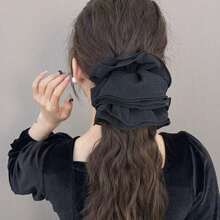 Novo elástico de cabelo plissado de chiffon com estampa floral em camada dupla, elegante e extragrande, para rabo de cavalo, cor sólida, poliéster, ideal para viagens, festivais e aniversários em todas as estações. - Multicolorido - Ver 17