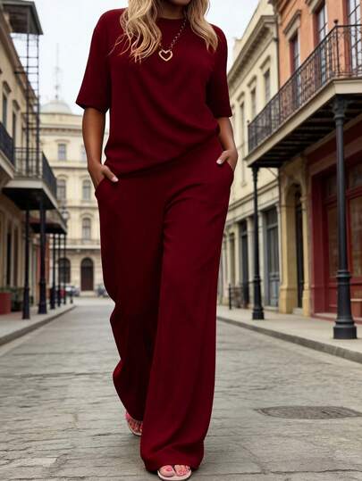 女士休闲纯色圆领短袖上衣和高腰裤两件套，夏季