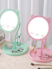 Cute Cat Ear Desktop Makeup Mirror, 360° Rotatable Adjustable Vanity Mirror With Storage Tray, Kawaii Cartoon Cat Face Cosmetic Mirror For Bedroom Dorm Desk, Portable Tabletop Beauty Mirror For Women Girls, Anti-Slip Base Makeup Tool, Ideal Gift For Friends Family, Available In White/Pink, Perfect For Daily Makeup Skincare, Cute Room Decor Aesthetic, Student Dormitory Essential, Easy To Clean And Use - Multicolor - View 4