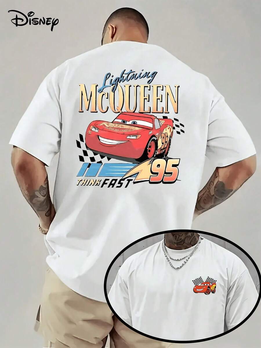 Disney License T Shirts, Men's Oversized Casual Crew Neck Disney Pixar1 Cars Lightning McQueen 95 Double Sided Checkered Flag Cartoon Print Short Sleeve T-Shirt, Think Fast Retro Racing Graphic Tee For Summer,Men Clothes,Summer Clothes,White Shirt,Father's Day Clothing,Vintage T Shirts,Graphic T Shirts,100 Percent Cotton,Graphic Tee,Graphic Tees,Funny Graphic Tees,Graphic T, Gifts For Family And Friends - trắng - Xem 1