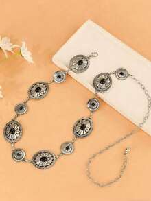 Dây thắt lưng kiểu Bohemian khoét rỗng, dây thắt lưng điều chỉnh được với họa tiết kim loại, dây thắt lưng kim loại hợp kim kẽm họa tiết hình học hoạt hình dành cho nữ, thích hợp cho đám cưới, mùa xuân, hè, thu và đông. - Bạc - Xem 2