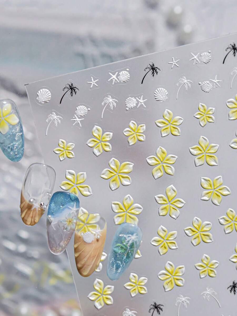 1pc Tropical Magnolia Coconut Tree 5D Nail Stickers Summer Beach Shell Starfish Nail Decoration Stickers DIY Nail Decoration - Multicolor - View 1