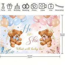 1 Gender Reveal Party Backdrop Banner - Cute Teddy Bear With Blue And Pink Balloons, 'He Or She' Text, Suitable For Indoor/Outdoor Use, Perfect For Photo Background And Event Planning - Multicolor - View 4