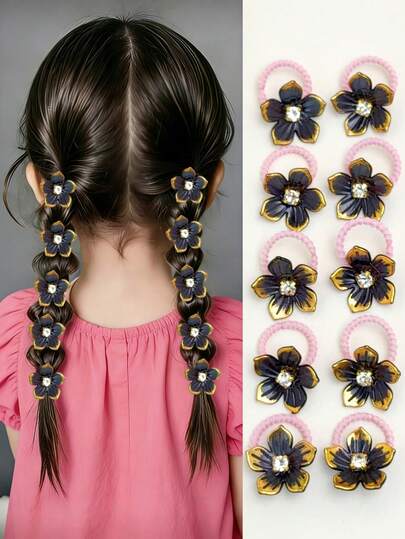 10PCS Kawaii Flower Hair Ties For Girls, Rhinestone Decor Elastic Hair Bands, Sweet Floral Ponytail Holders, Kids Hair Accessories For Daily Wear