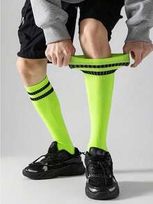 1 Pair Youth Soccer Sports Socks For Boys And Girls, Sweat-Absorbent Breathable Striped Knee-High Socks, Polyester And Spandex Blend, Knitted Fabric, Suitable For 8-15 Years Old, All Seasons - Multicolor - View 16