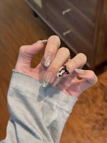 10片纯手工制作美甲贴片，长款杏仁甲，黑色甲片，酷炫甜美富家女风，裸色猫眼波点法式黑色3D蝴蝶结珍珠装饰，温柔精致，适合女性和女孩，春夏秋冬节日派对及日常生活使用。 - 黑色 - 查看 2