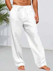Mens Linen Cotton Casual Pants Elastic Waist Drawstring Lightweight Pants Loose Fit Summer Beach Yoga Trousers - 白色 - 查看 3