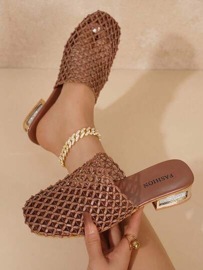 planare New Fashionable Women's Minimalist Slip-On Woven Fabric Chunky Heel Brown Sandals