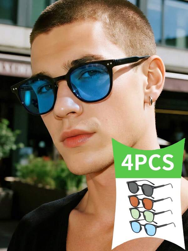 4 Pairs Of Men's Fashion Glasses, Acrylic Material, Casual Small Rectangular Ocean Style, Black Fashion Glasses, Suitable For Vacation, Outings, And Outfit Matching.