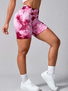 NcmRyu 1件装 女士高腰无缝扎染弹力修身运动短裤 - 紅色 - 查看 11