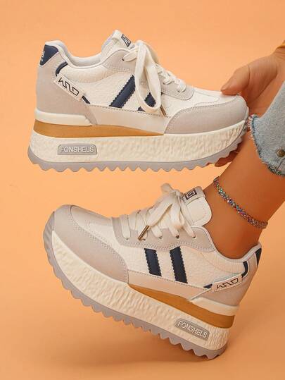 Women's Thick Sole Lace-Up Patchwork Casual Sneakers, Retro Fashion Platform Wedge Shoes, Comfortable Athletic Shoes For Leisure