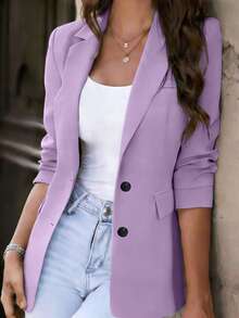 Áo khoác blazer nữ màu tím oải hương thanh lịch, tay dài, dáng suông, cổ ve lật, chất liệu dệt kim, phù hợp cho công sở và mặc hàng ngày. - Màu tím hoa cà - Xem 2