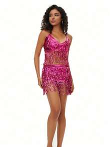 1 Set Sequin Tassel Dress Set Women's Two Pieces Crop Top Camisole Bag Hip-Lifting Mini Skirt Shiny Tassel Set Halloween - Multicolor - View 9