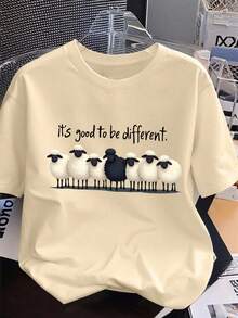 Camiseta de manga corta con cuello redondo con gráfico de oveja "Es genial ser diferente". Camiseta de mujer de estilo minimalista y lindo patrón, casual y versátil, adecuada para el uso diario y de vacaciones. Verano - Albaricoque - Ver 5