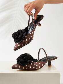女士尖头套脚鞋，百搭优雅派对舒适时尚露趾高跟鞋，花卉装饰缎面露跟小猫跟鞋 - 圓點棕色 - 查看 2