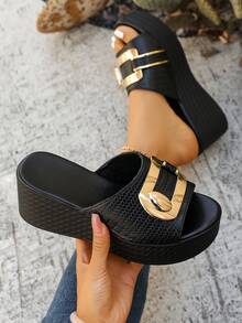 Sandalias de cuña con correa de cuero sintético texturizado negro para mujer, plataforma cómoda, versátil para uso casual, trabajo, fiesta, playa, verano - Negro - Ver 6
