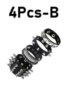 Juego de 1/4 pulseras de estilo punk de cuero con remaches, brazalete gótico con púas de los 80 para hombres y mujeres, accesorio de estilo rock - Negro - Ver 8