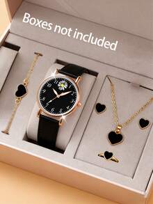 6pcs Fashion Elegant Cute Floral Quartz Watch With Black Heart Accessory Set, PU Leather Strap, Casual Daily, Versatile, Suitable Gift For Friends - Black - View 1