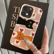1 pieza Funda de teléfono de material TPU con diseño lindo de gato rosa a cuadros y corazones, adecuada para Apple 17 Pro Max/17/16 Pro Max/15/13/12/11, S20 FE/A15/S24/A55, Note 11/Note 12/Note 13 Pro, con cobertura completa y protección suave anti-caídas - Blanco - Ver 2