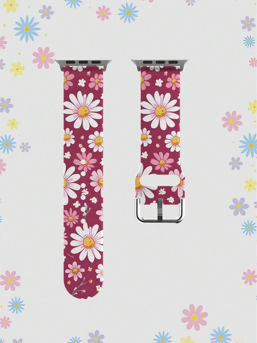玫瑰红雏菊图案硅胶表带，兼容 38mm 40mm 41mm 42mm 44mm 45mm 49mm，兼容 Series Ultra/S11/S10/SE/8/7/6/5/4/3/2/1 - 彩色 - 查看 1