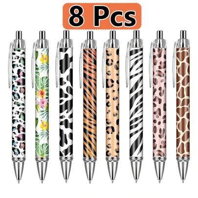 4/8支装动物图案圆珠笔，豹纹猎豹纹可伸缩笔身，黑色细墨水，丛林探险花卉自然风，适合派对、家居、返校礼物、办公用品、节日惊喜等场合。