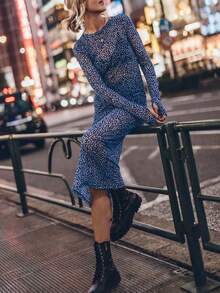 VIBEWAVE Vintage French Style Long Sleeve Dress, Slimming Sexy Sheer Vacation Flowy Round Neck Dress - Blue - View 5