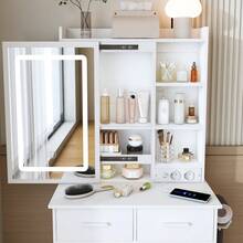 Small White Dressing Table With Mirror / Modern Dressing Table / Adjustable LED Lighting & Socket / Includes Upholstered Stool, Hidden Storage & Shelf / Easy To Assemble / Suitable For Bedrooms And Dressing Rooms, W60/H136/D36cm. - White - View 9