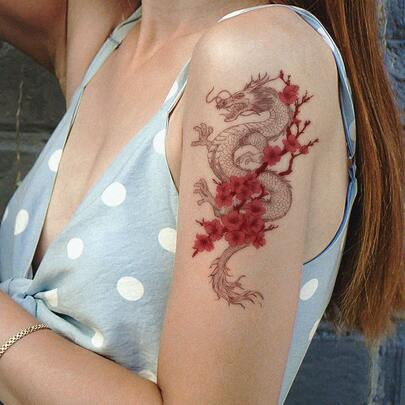 1张持久7-14天的草本临时纹身贴纸，简约抽象神秘花卉龙手臂纹身设计，防水临时纹身贴纸，适合时尚人士