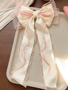 1 chiếc kẹp tóc lưới màu hồng nhạt hình nơ lớn, ruy băng gợn sóng hai lớp, phụ kiện tóc mùa xuân thanh lịch và mềm mại. - Nhiều màu - Xem 3