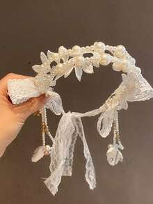 1pc French Elegant Lace Faux Pearl Crystal Ribbon Headband, Fashionable For Wedding, Photo Shoot, Graceful New Design Hair Accessory Summer Outfits Summer Beach Hair Bands - White - View 4