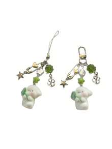 1个女士植绒招财狗和四叶草钥匙扣吊坠，可爱挂件，可用于耳机、包包、钥匙等 - 彩色 - 查看 5