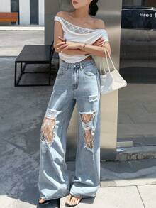 Quần jeans rách phối ren thời trang mùa xuân - Rửa nhẹ - Xem 6