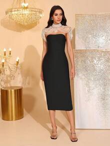 Đầm dự tiệc dáng lửng, ôm sát, không dây vai, gợi cảm, đính ngọc trai, kiểu choker, khăn choàng, thích hợp cho các sự kiện ngày lễ. - màu đen - Xem 6