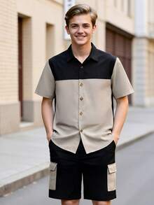 两件套青少年男童春夏短袖短裤套装，通勤风黑色和卡其色撞色设计，木质纽扣+工装口袋，简洁利落，适合上学、通勤、周末外出——稳重时尚的青少年服装 - 杏色 - 查看 5