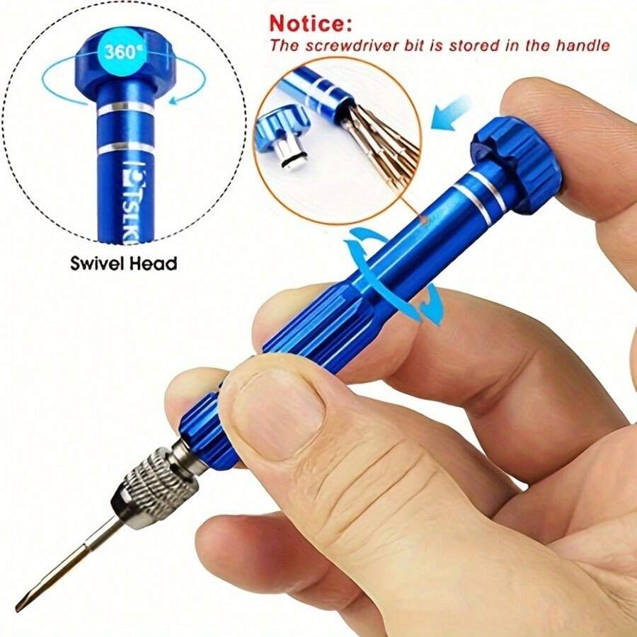 Bộ tua vít mini đa năng 5 trong 1, tua vít từ tính bằng thép S2, thích hợp để sửa chữa kính mắt, kính thời trang, đồ điện tử, điện thoại, trang sức, có nắp lưng tháo rời. - D-màu xanh - Xem 1