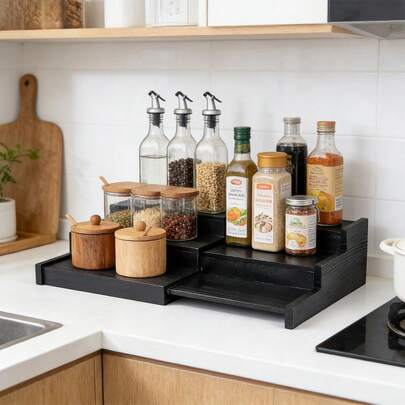 1 pieza Estante de especias de 3 niveles expandible, soporte de botellas de condimentos minimalista de madera para encimera de cocina, organizador de almacenamiento ajustable de condimentos, estante de especias montado en el gabinete