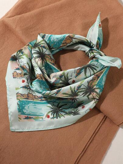 1 chiếc khăn trùm đầu bằng satin kiểu dáng Bohemian, họa tiết cây dừa, phụ kiện thời trang dành cho nữ mùa xuân/hè, có thể dùng làm băng đô, thắt lưng, trang trí túi xách, ruy băng hoặc khăn quàng cổ.