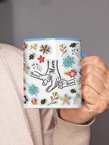 1pc 11oz/15oz Custom Mother's Day Name Mug, Personalized Coffee Cup With Printed Name. The Wrap-Around Pattern On The Mug Can Be Customized With Up To 8 Children Holding Their Mother's Hand. This Mother-Themed Mug With Floral Elements Is An Ideal Gift For Mom And A Unique, Thoughtful Present - 款式4 - 查看 5