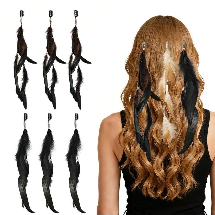 3 pezzi Fermagli per capelli con piume, Fasce boeme, Estensioni per capelli stile pettine fatte a mano stile hippie, Accessori per capelli per donne e ragazze, Fasce per capelli da spiaggia estive, Vacanze, Viaggi - Marrone ruggine - Visualizzare 1