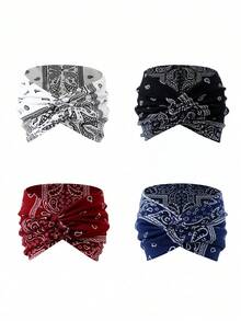 4/3/1件装波西米亚风腰果花印花发带，休闲假日发饰，宽交叉头巾，女士运动弹力发带，适合健身/瑜伽/户外活动，纯色休闲发带，柔软围巾式发带，四季皆宜 - 彩色 - 查看 17