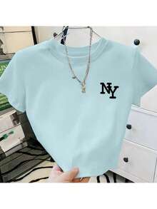 Cropped Women's T-Shirt In Lightweight Cotton Fabric Round Neck New Custom NY Enjoy Modern And Light - 淺藍色 - 查看 1