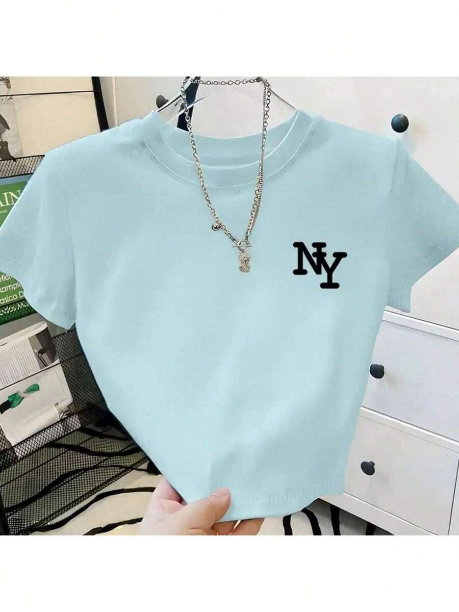 Cropped Women's T-Shirt In Lightweight Cotton Fabric Round Neck New Custom NY Enjoy Modern And Light - 淺藍色 - 查看 1