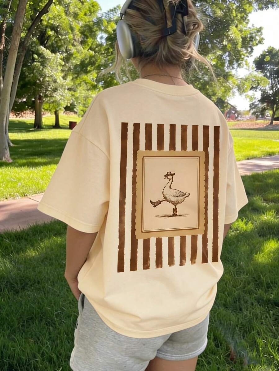 Mädchen Vintage Lustiges T-Shirt, Locker Retro Stempel Enten Muster T-Shirt, Lässiges Rückkehr zur Schule Straßen-Stil Top für den Sommer - Aprikosenfarben - Übersicht 1