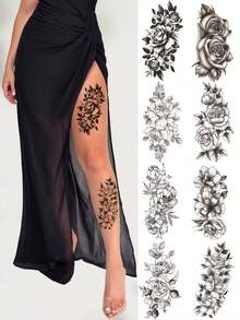Black Rose Flower Temporary Tattoo Stickers, Realistic Waterproof Fake Tattoo Stickers For Women, Arm Sketch Tattoo Stickers, Suitable For Daily Makeup, Festivals And Parties,Sketch Style - Black - View 5