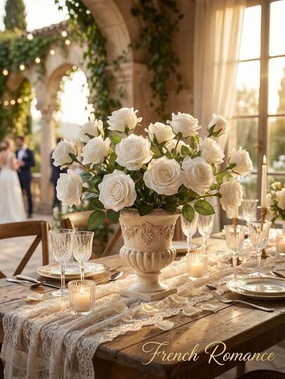50pcs Artificial White Rose Flowers, Fake Roses For DIY Wedding Bouquet, Tabletop Decor, Wedding Decoration, Bridal Shower, Valentine's Day, Baby Shower, Home Decor, Living Room Decor