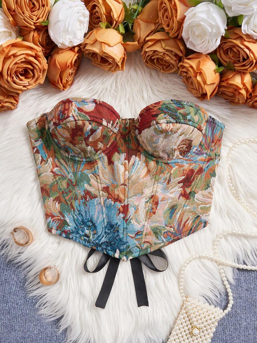 New Street Style French Palace Strapless Crop Top, Women's Jungle Print Bustier Corset With Steel Boning Waist Cincher